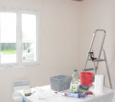 En l'absence de machine à peinture airless, 1ère couche murale au rouleau dans le bureau.