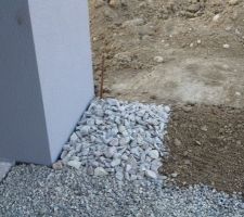 Bordure le long de la maison remplie avec des cailloux en granit