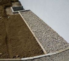 Bordure le long de la maison remplie avec des cailloux en granit