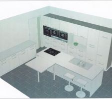 Vue de la cuisine NOLTE finition blanc brillant et plan de travail mat. Chant des plan inox brossé. Intérieur des caissons gris foncé.