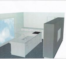 Vue de la cuisine NOLTE finition blanc brillant et plan de travail mat. Chant des plan inox brossé. Intérieur des caissons gris foncé.