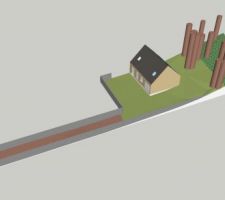 Vue general du terrain, du chemin d'acces ainsi que l'implantation de la maison, en mitoyenneté