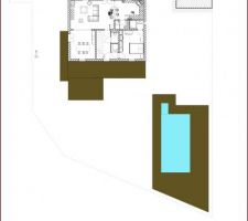Plan de la parcelle, implantation de la piscine et réflexion sur l'emplacement des terrasses.