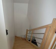 Peinture : sous couche partout. 2 couches de peinture mat sur le plafond. 2 couches de satinée sur les murs. renaulac de chez brico depot
escalier 3 couches de vitrification