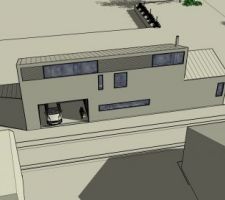 Voici déjà une représentation 3D de notre maison. Elle n'est plus tout-à-fait conforme, nous avons prévu quelques petits changements:
- le grand bandeau en haut de la façade sera un peu moins haut, et la répartition bardage/vitrage sera différente
- il y aura un retour de pelouse au niveau de la façade avant, sur la droite du car-port (il y aura un espace de 4m environ entre la maison et la route)