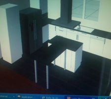 Projet cuisine... il faut imaginier qu'autour du frigo et des colonnes un bâti sera monté et que le "coin repasé" sera de la même largeur que le meuble au bout de l'ilot. Sur l'ilot, plaque induction et hotte.