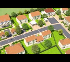 Sur cette illustration en 3D on remarque furtivement la future maison en haut à droite !!! 

L'avantage de la disposition de la maison est qu'elle est en retrait de tout vis à vis et de la route du lotissement.
