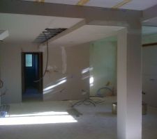 La tache &agrave; cot&eacute; de l'ombre repr&eacute;sente le trou du triple conduit de chemin&eacute;e. Nous avons supprim&eacute; le tron&ccedil;on de ce niveau et gard&eacute; la partie sup&eacute;rieure pour la hotte aspirante. La partie sup&eacute;rieure a &eacute;t&eacute; renforc&eacute;e &ccedil;&agrave; l'etage par 2 pi&egrave;ces de metal qui  prennent la chemin&eacute;e en etau, travers&eacute;e par 3 tiges filet&eacute;e de 40 mm boulonn&eacute;e, pour eviter de retrouver un jour le conduit de nouveau &agrave; cet etage!