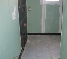 Faïence derrière le meuble vasque, le sol est baché....