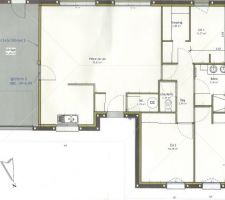 Voici le plan définitif de la maison (peut etre modification pour enlever le placard de l'entrée, le retour cuisine et agrandir le débarras ce qui donnera plus de volume a la piece de vie).