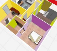 Chambre parentale en 3D avec Dressing (vue de la SDB et Bureau)