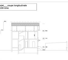 Voici la coupe vue du côté de la rue V. Les combles seront aménagés dans le futur. Le second sous-sol n'est pas représenté (l'ancienne fosse sceptique).