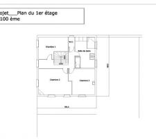 Le projet provisoire du 1er étage, on ne sait pas trop comment faire avec les chambres 2 et 3.