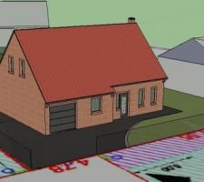 Voici le plan sketchup que j'ai manipulé pour obtenir un rendu quasi proche.

Vu de face.

PS: J'espère qu'avec tous les problèmes actuels, la maison sortira comme celle là ;o)