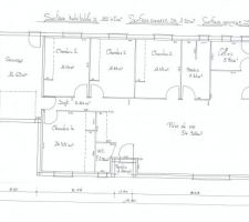 1ère version du plan, à peine modifié depuis :
- ajout cloison séparative hall / salon