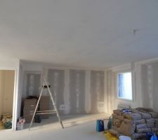 2 jours pour poncer, maintenant pose de la sous-couche, le sol n'est pas fait, vous pouvez voir à gauche les cartons de carrelage et à droite les sacs de ciment pour couler la chape