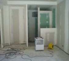 Le plombier a installé le plancher chauffant alors qu'il y avait encore de l'eau au sol; la chape liquide coulée et l'eau est remontée dans les murs provoquant des moisissures (vous pouvez appercevoir le bas des murs avec des traces noires). J'ai fait installer des déshumidificateurs pour accelérer le séchage de la chappe car la pose du carrelage était imminente