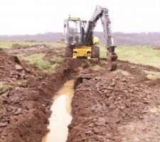 On creuse un fossés dans la partie la plus basse de la pente du terrain. Ce fossés accueillera un drain agricole pour évacuer le trop plein d'eau et assainir le terrain.