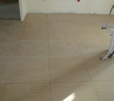 Le carrelage de la cuisine, salon et salle à manger