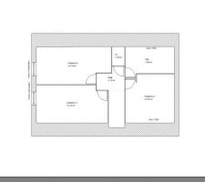 Plan de l'étage avec 3 chambre, une salle de bain, et toilette.