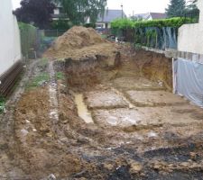 Les rigoles des fondations sont remplies d'eau (le sol est argilo sableux) et le niveau est &agrave; 2m en dessous des fondations du mur du voisin.