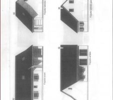 Les façades.

A noter : 
- la façade avant aura une fenêtre de moins (celle de gauche) car elle passe sur le pignon gauche.
- la façade arrière a une porte de service au lieu de la fenêtre de gauche (accès direct au cellier)
- la façade gauche aura donc la fenêtre de la chambre en bas à droite, et une fenêtre rectangulaire (160x90) en bas à gauche qui donnera sur le salon