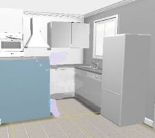 Vue du projet cuisine ikea en 3D avec visualisation du muret marquant la séparation cuisine / salon