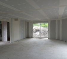 Une des baies vitrées du salon, l'emplacement du poêle et l'ouverture cintrée sur l'entrée