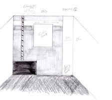 Calepinage SDB - Sol Gris Anthracite - Tablier baignoire Gris Anthra - Mur Gris clair - Listel 3 cm - Bande faience blanche 20 cm tout le long -Visualisation du flan de la cloison du placard int&eacute;gr&eacute;