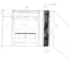 Placard int&eacute;gr&eacute; vue de face avec son bandeau de 35 cm et le retour de 7 cm - Meuble double vasque 140cm - Miroir 140 cm - Fond de la douche Italienne
