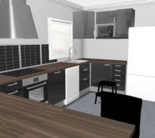 Autre vue du projet cuisine !le frigo on 'la déjà, on le garde ;) C'est un frigo américain gris.
La fenêtre derrière le robinet est coulissante ;)