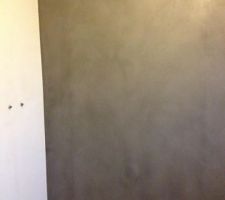 Salle de baim parents : 
b&eacute;ton cir&eacute; sol murs 
le mur  du fond sera noir une fois le processus termin&eacute;, reste le vernis et la cire pour passer du gris au noir, le reste c'est couleur ivoire