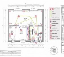 Simulation d'implantation de l'électricité du rdc d'après les équipements prévus dans la notice du constructeur (avec quelques ajouts ou modifications).