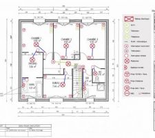 Simulation d'implantation de l'électricité du rdc d'après les équipements prévus dans la notice du constructeur (avec quelques ajouts ou modifications).