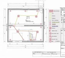 Simulation d'implantation de l'électricité du rdc d'après les équipements prévus dans la notice du constructeur (avec quelques ajouts ou modifications).