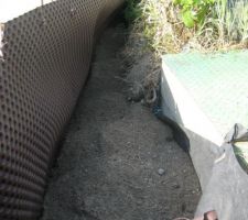 Remplissage de sable incompressible laissant pass&eacute; l'eau qui sera r&eacute;cup&eacute;r&eacute;e par le drain tout au fond