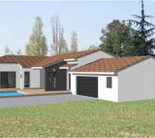 Voila à quoi ressemblera notre maison terminée. Surface 152 m²? 3 chambres (la notre   2 chambres d'appoint) une salle de bain de 12 m² qui donne sur la piscine (servant alors de pool house) un garage de 52 m² 2 voitures