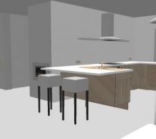 Vue 3D de la cuisine avec le logiciel Sweet Home 3D. Réalisée en mode visite virtuelle, avec le logiciel de capture de base de l'ordinateur.