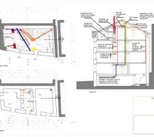 Ca c'est le plan complet du système de ventilation et de récupération de chaleur. Je récupère le conduit de cheminée pour en faire une gaine technique ou vont passer la gaine d'arrivée d'air frais depuis la cave jusqu'au combles (en bleue verticale), la gaine extraction VMC RDC ( SDB et kitchenette, en jaune), le système de ventilation air chaud Poujolat en orange.  De l'autre coté, une gaine extraction VMC pour SDB et future buanderie. Le poêle à bois possède une entrée d'air directe.  

En résumé : arrivée d'air frais pour la maison depuis la cave ventilée, qui tombe dans une VMC double flux dans les combles. 5 points d'extractions.
De l'autre système commun pour la récup air chaud du poêle et de la sortie air réchauffé de la double flux et distribution dans les 5 chambres. J'installe se système VMC, un atrier la totalité du système Poujolat