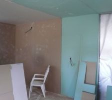 Placo au mur : vert pour la salle de bain, marron pour le dressing