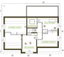 Etage 95m² au sol soit 80m² habitables à peu près.
Léger demi niveau entre BUANDERIE SALLE DE BAIN CHAMBRE PARENTS et le niveau MEZZANINNE CHAMBRE ENFANT1 CHAMBRE ENFANT2