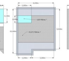 Plan pour le calcul précis de la surface d'isolant et de placo. Ici: combles