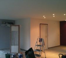 Vue d'une partie de la cuisine (prune de Dulux Valentine) et d'une partie de la salle à manger (gris clair couleur Hammam de Dulux valentine)