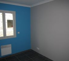 Peinture chambre de notre fils Jules ...
Dulux valentine bleu caraibe et beton gris. Pour son frère on mettra le vert pomme à la place du bleu.