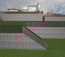 Modélisation en 3D de ce que devrait donner l'ensemble de l'aménagement du terrain avec les murs et la maison en-haut