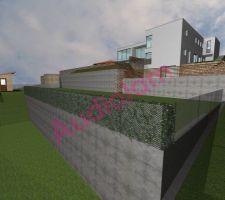 Modélisation en 3D de ce que devrait donner l'ensemble de l'aménagement du terrain avec les murs et la maison en-haut