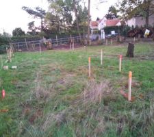 Marquage du terrain par des piquets pour le terrassement