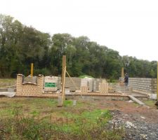 élévation des murs avec parement brique soubassement et chien assis sur le devant