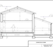 Plan de coupe de la partie principale avec mezzanine et garage, à priori définitif