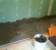 D&eacute;but des travaux pour la double douche &agrave; l'italienne .... plaques au sol pour faire les pentes, colle &agrave; carrelage pour coller la bache &eacute;tanche ... Conseil : ne pas carreler au sol et se dire qu'on peut y mettre une douche &agrave; l'italienne ... votre dalle n'aime pas &agrave; force car rien n'est &eacute;tanche ... et les imperm&eacute;abilisant c'est idem ... caca !